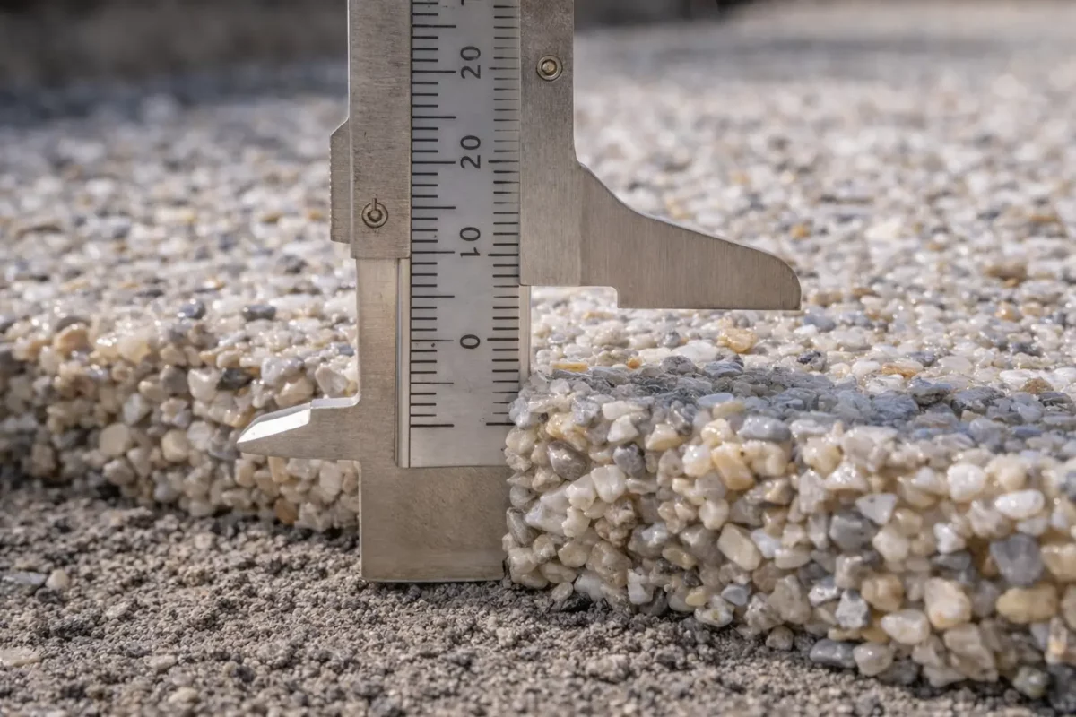 Fotografia di cantiere misurazione dello spessore di una posa in ghiaia resinata