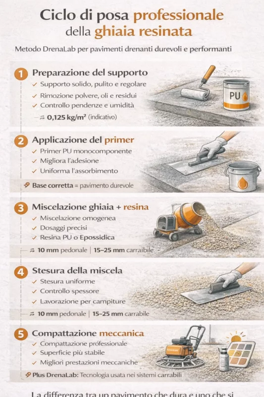 Infografica Ciclo di posa professionale della ghiaia resinata