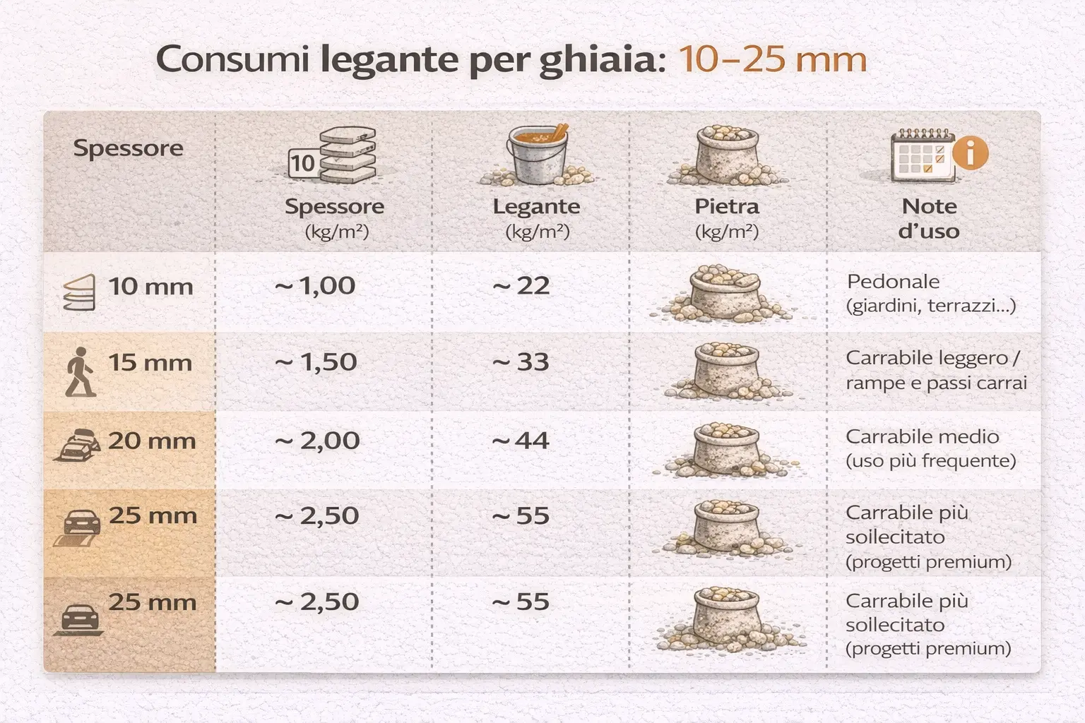 Infografica Consumi legante per ghiaia 10–25 mm