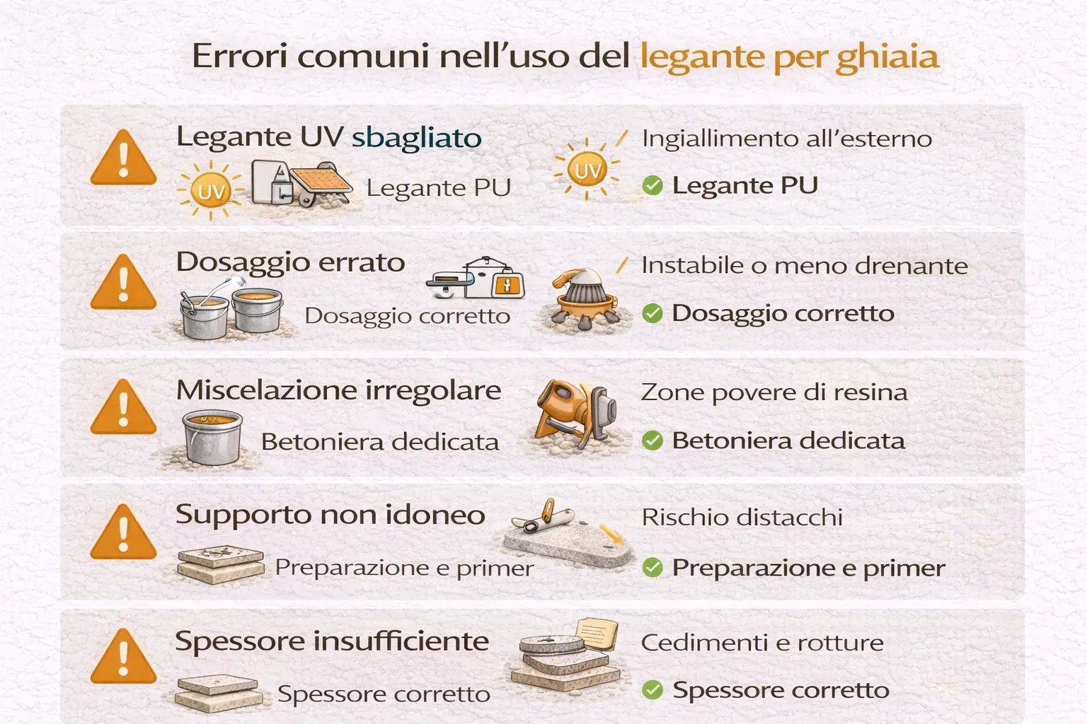 Infografica Errori comuni nell’uso del legante per ghiaia