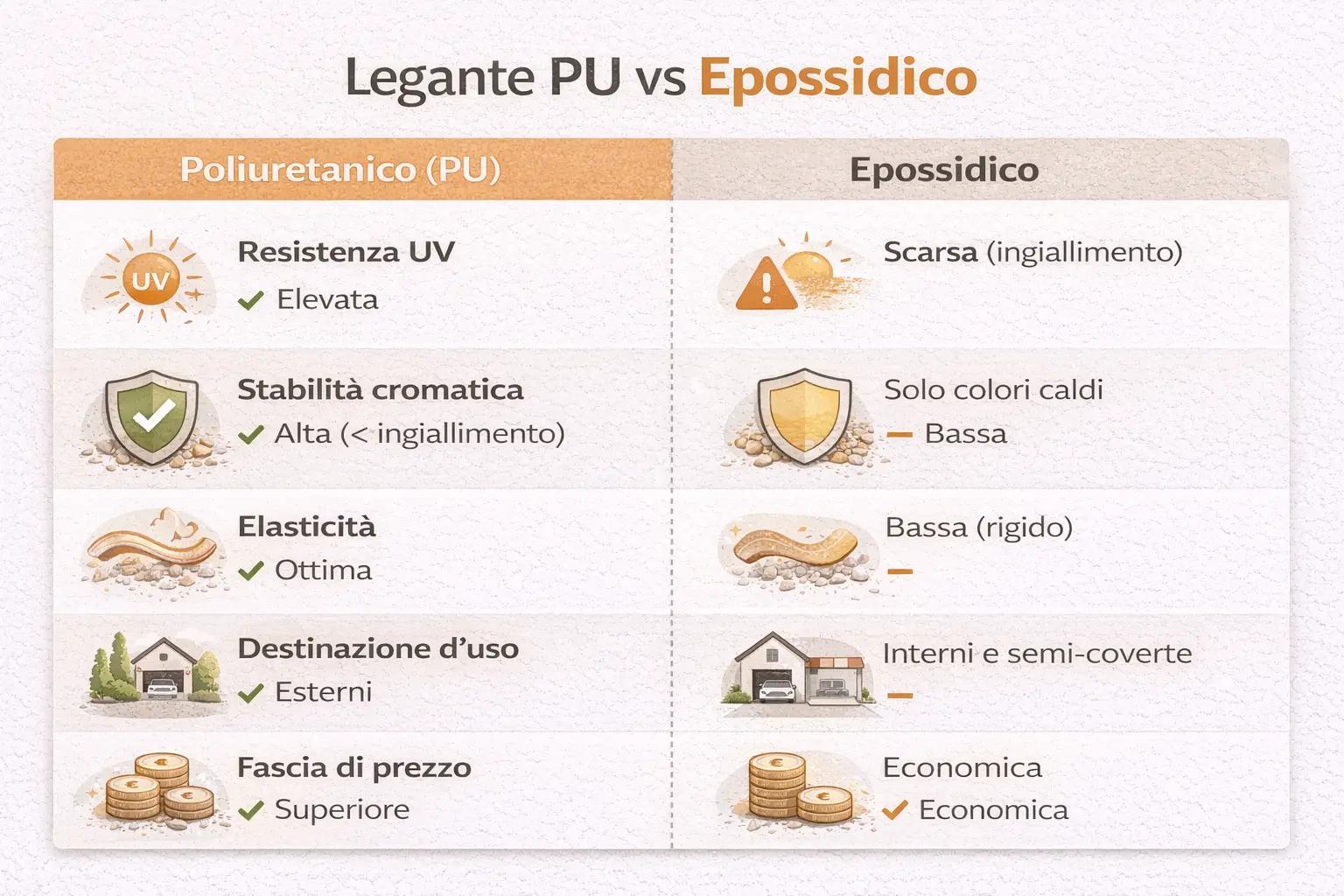 Infografica comparativa in italiano 'Legante PU vs Epossidico
