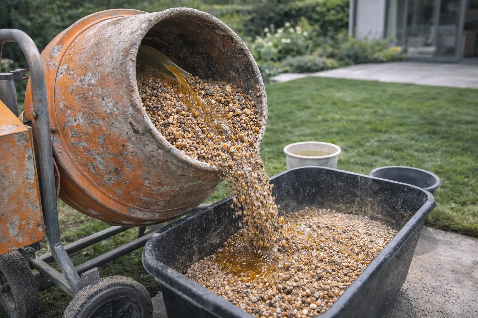 Miscelazione ghiaia e resina in betoniera