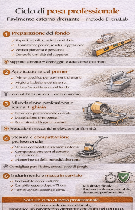 infografica Ciclo di posa professionale pavimento estarno drenante
