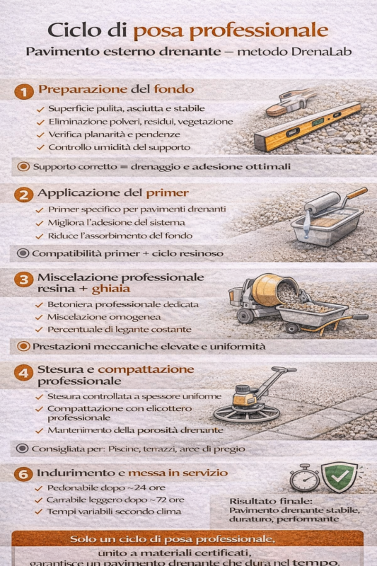 infografica Ciclo di posa professionale pavimento estarno drenante