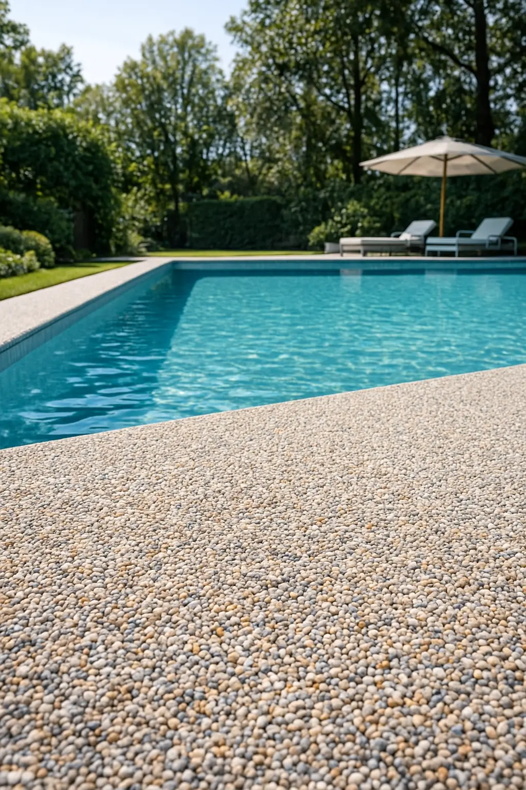pavimento esterno in ciottolo e resina per una piscina