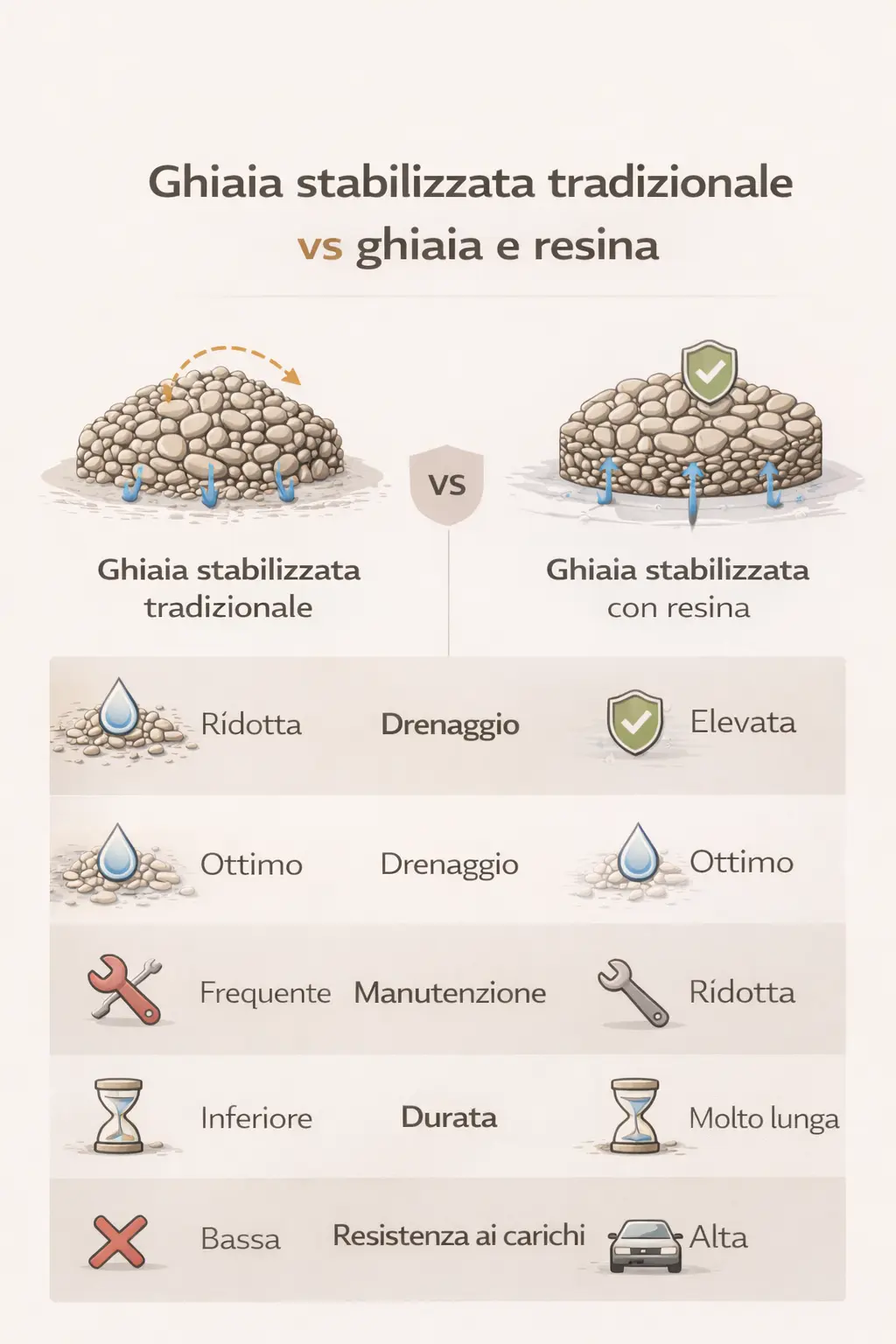 Infografica Ghiaia stabilizzata tradizionale vs ghiaia e resina