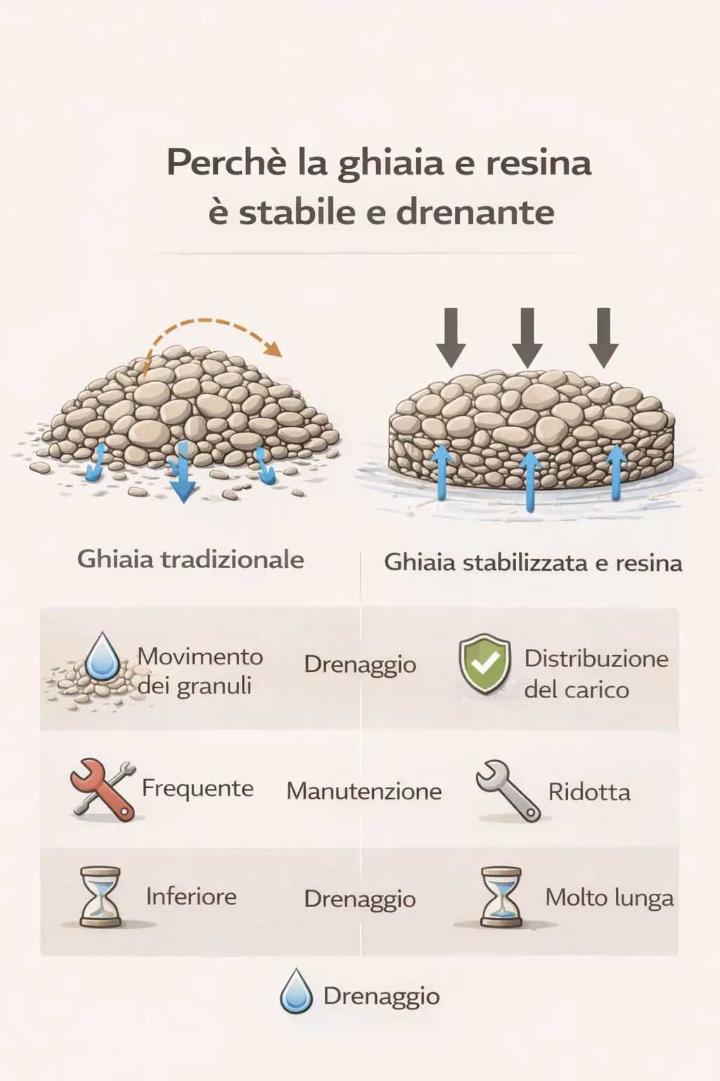 Infografica Perché la ghiaia e resina è stabile e drenante