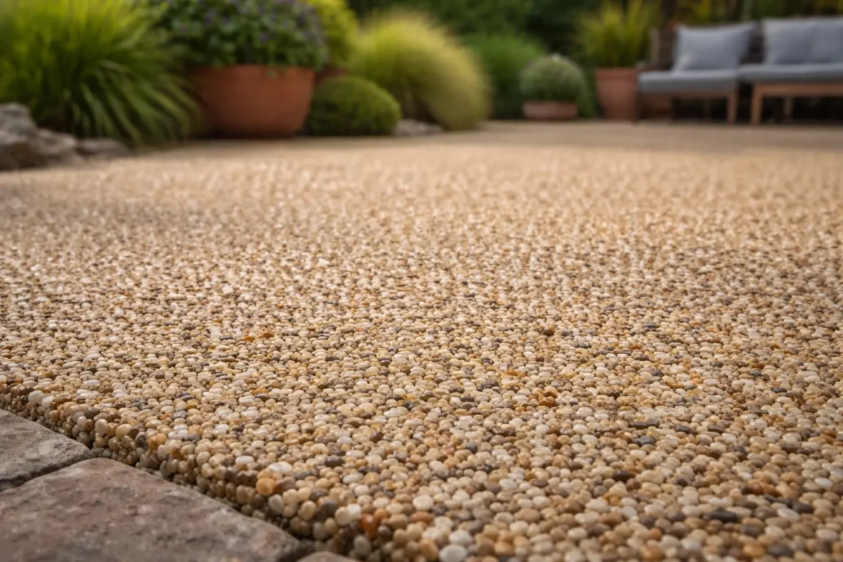Pavimento esterno in stone carpet, ghiaia naturale resinata