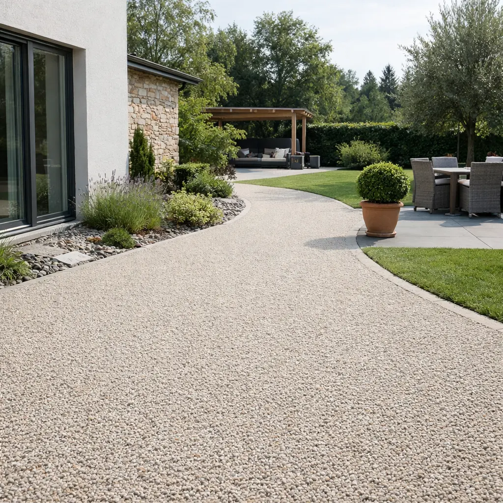 esterno di un vialetto o cortile con pavimentazione in ghiaia stabilizzata drenante