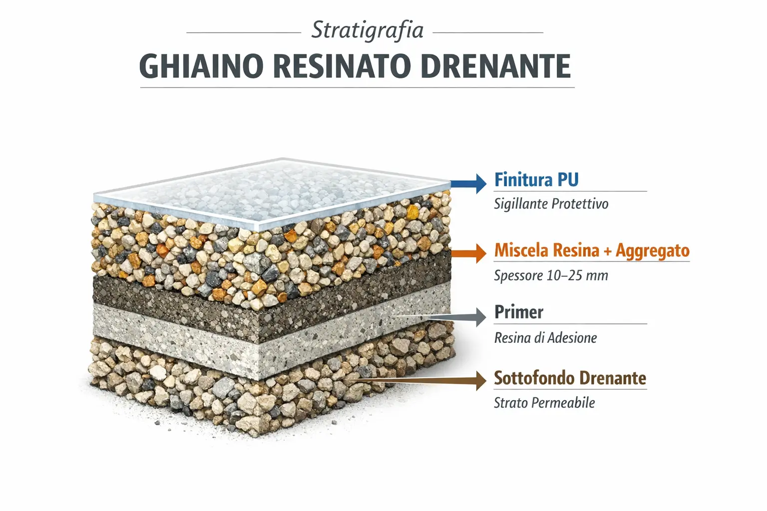 infografica stratigrafia ghiaino resinato drenante” con 4 strati
